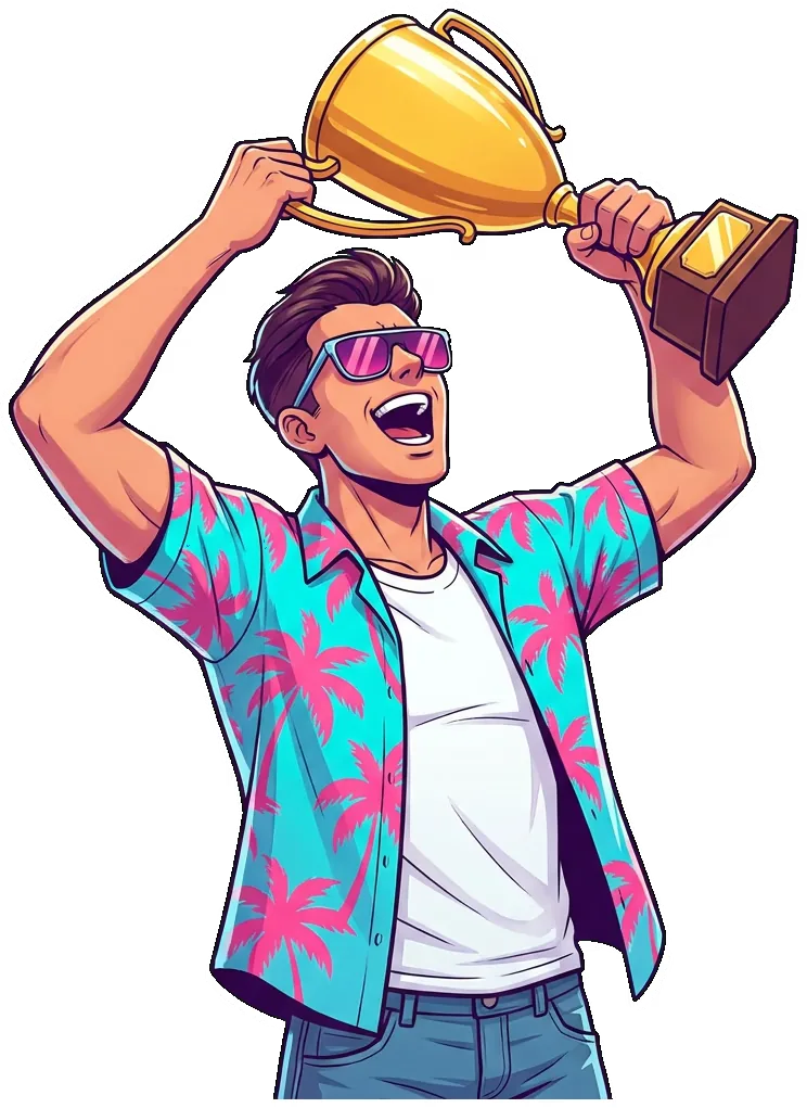 Illustrated player lifting a trophy